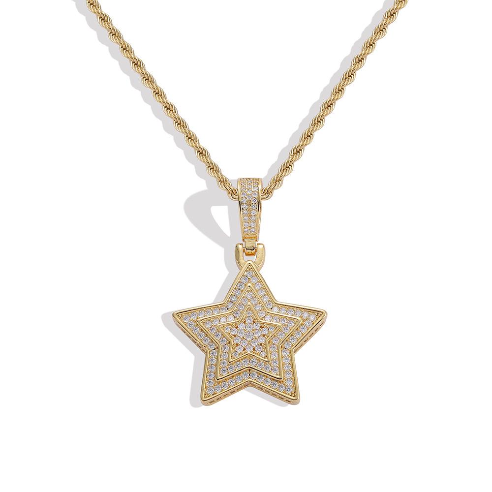 European and American Hip-hop Necklace, Three-layer Five-pointed Star Copper Inlaid Zircon Couple Pendant Neck Chain, Hipster Street Pendant.