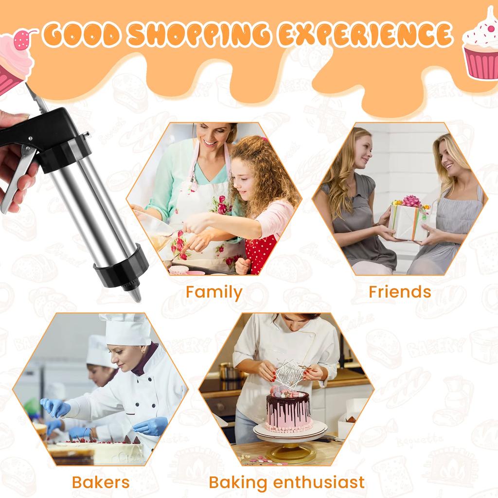 Cookie Press Kit Detachable Stainless Steel Cookie Squeeze Gun Kit with 13 Biscuit Trays 8 Frosting Nozzles Kitchen Baking Tools