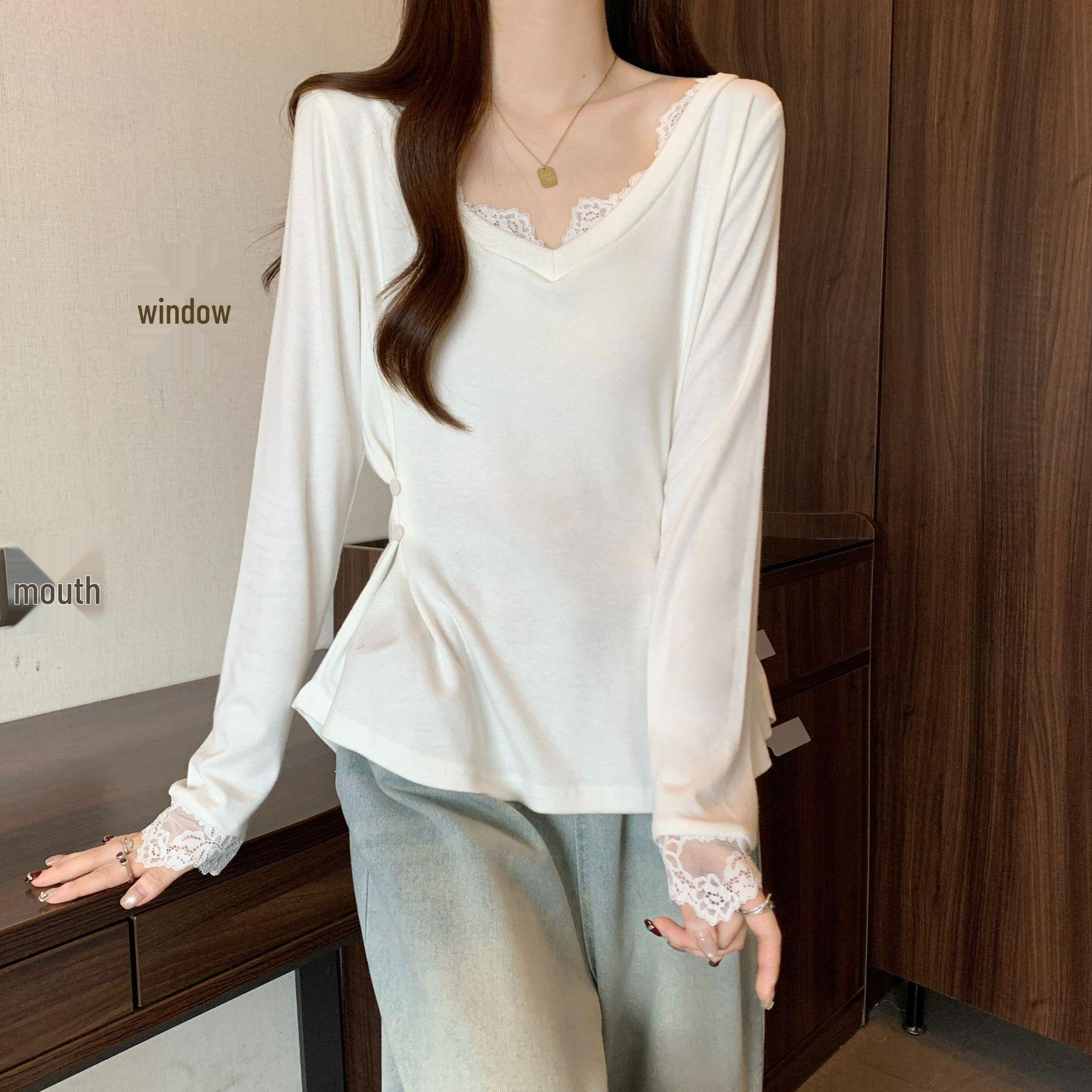 

Plus Size Lace Patchwork Long Sleeve Cropped Top - Slimming Design, Waist-Cinching, for Spring 4XL белый