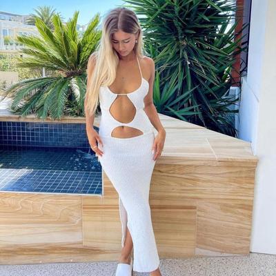 Women Backless Cut Out Maxi Dress Summer Knitted Halter Sleeveless Bodycon Club Party Beach Outfits Sizes S XL