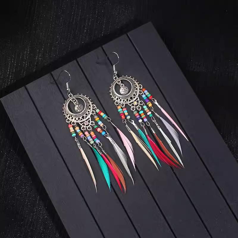 Bohemian Turquoise Owl Dream Catcher Tassel Earrings for Women
