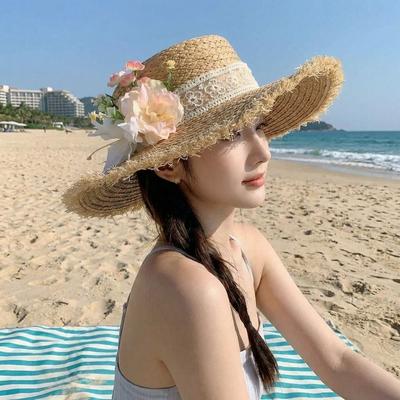 Tassel Edge Weave Flat Cap Wide Brim Women's Sun Hats Casual Lace Flower Straw Hat  Holiday