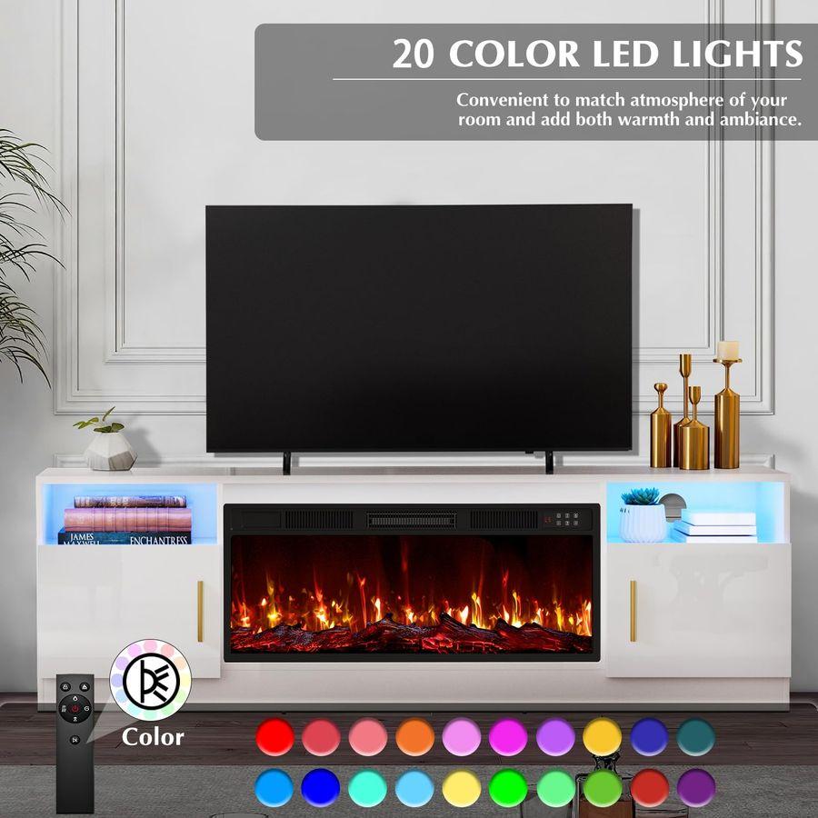 Fireplace Tv Stand with 36 Inch Fireplace Up To 80 TVs,LED Light Entertainment Center and Storage, 70 Modern Wood Media TV Conso