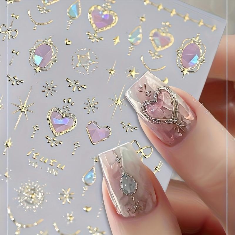 1pc Sweetheart Princess Baroque Nail Stickers Self-Adhesive Reusable Nail Art Decals with Heart, Star & Butterfly Rhinestone Nail Designs