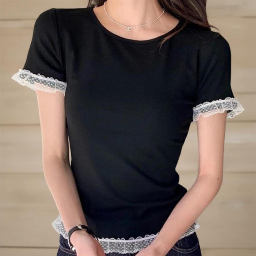 New Arrivals Open Run Women Round Neck ShorT Sleeve T shirT Lace Layered