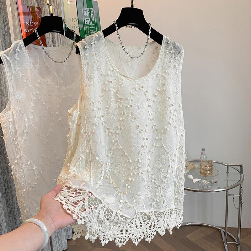 Literary and Artistic Solid Color Three-dimensional Hook-up Embroidered Lace Small Vest Large Size Women's Sleeveless Round Neck Casual Outer
