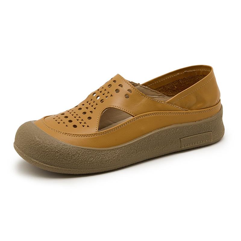 

First layer cowhide soft sole leather mother shoes women middle-aged and elderly hollow breathable sandals women flat bottom non-slip hole shoes women 35