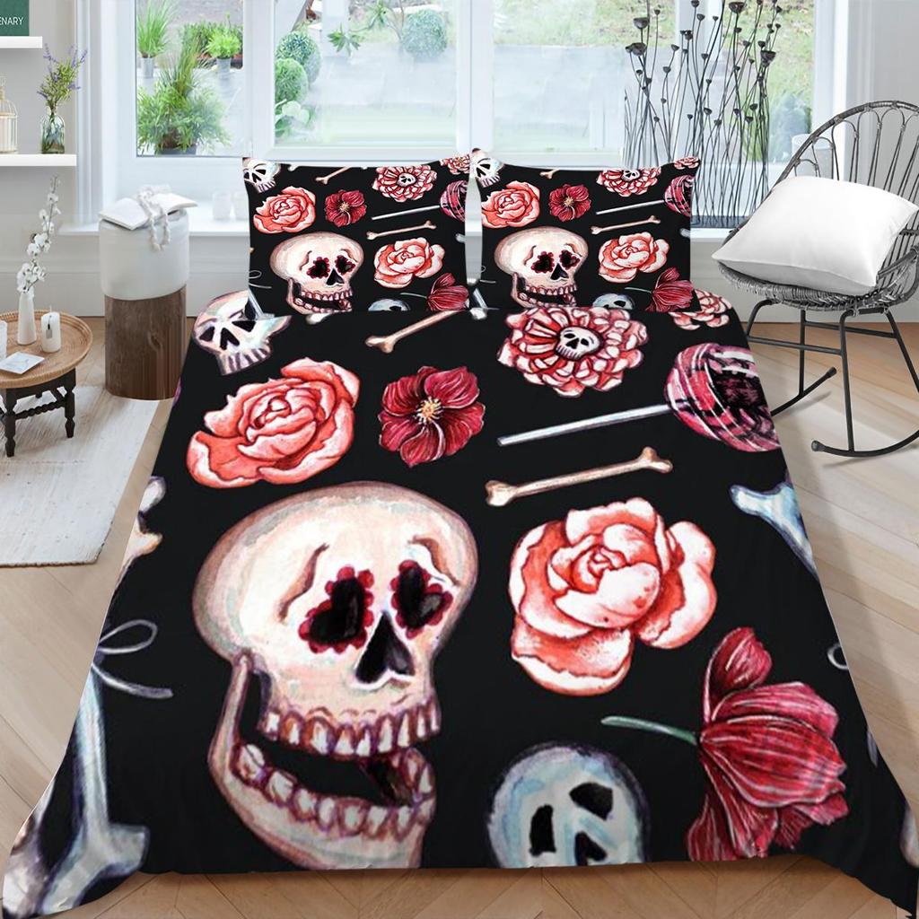 Bettbezug-Set mit Totenkopf-Druck, für King-Size-Bett, Doppelbett, Heimtextilien, modische Bettwäsche, Anzug, Bettbezüge, einzigartiges Design