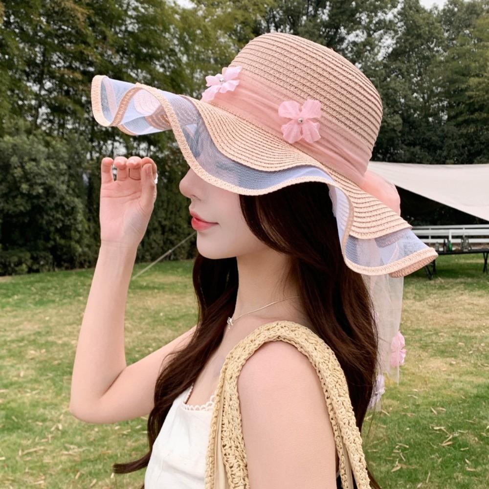 Wide-brimmed Straw Hat Breathable Beach Hat Sweet Sun Hat  for Summer Sun Protection