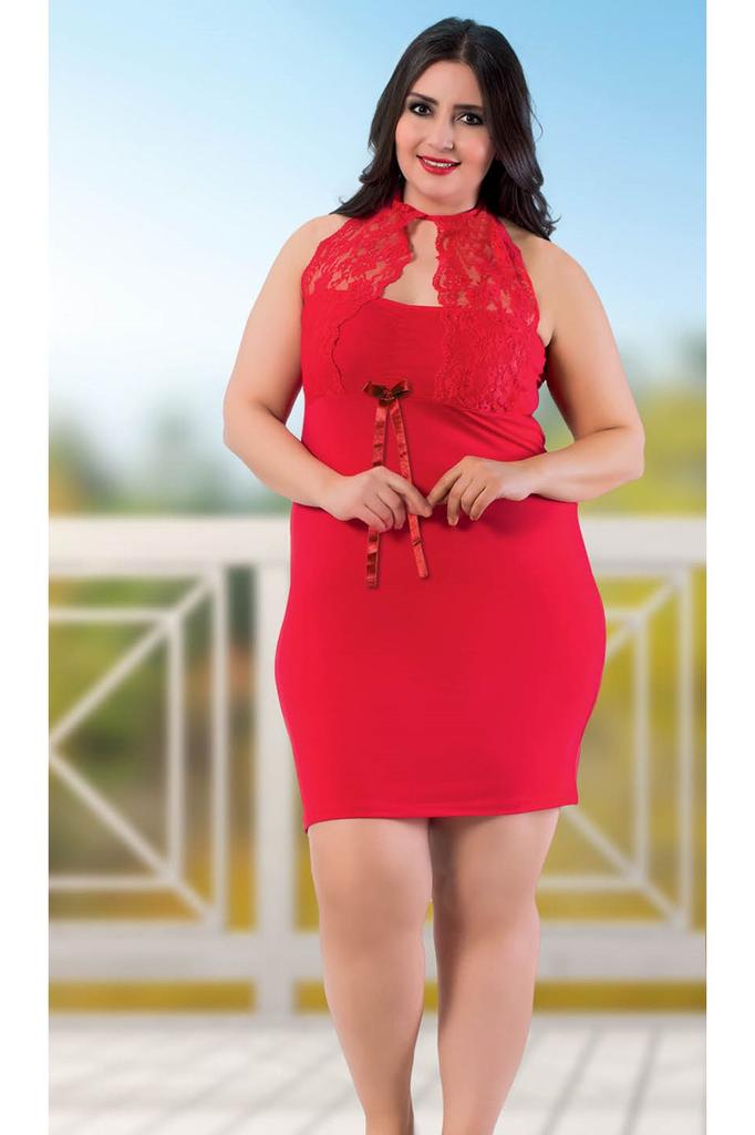 Women's Fashion Big Size Nightgown Plus Size Halter Neck Lace Detailed Nightgown