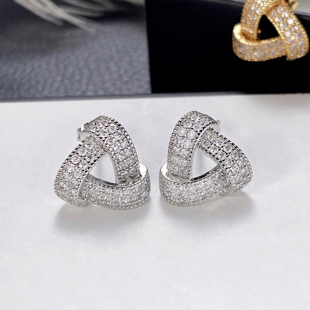 Hong Kong Style Retro Geometric Full Diamond Stud Earrings Women, Fashion Commuting Trend Three-Dimensional Texture Triangular Earrings