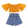 Sommer Kinder Mode Set, Einfarbiger Pullover mit ausgestellten Ärmeln, High-Waist Shorts, Kinder Set
