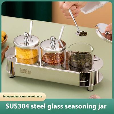 304 Stainless Steel Seasoning Tank Set Borosilicate Glass Seasoning Bottle Moisture-proof Seasoning Seasoning Salt Sugar Seasoning Box
