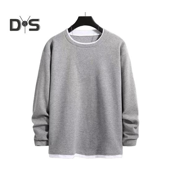 

Мужская толстовка с круглым вырезом и длинным рукавом, пэчворк, цветная поддельная двухкомпонентная кофта, топы с вафельной текстурой, свободный крой, повседневные топы L серый