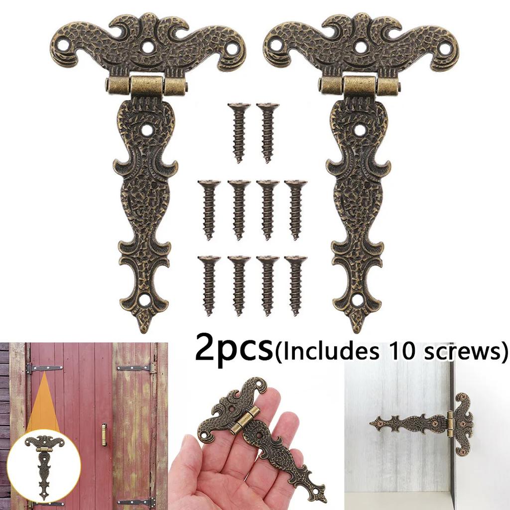 2pcs Hinges + 10 Screws Retro Bronze Zinc Alloy Butt Hinges Antique Wooden Box Decorative Hinge Repair Kit Furniture Home