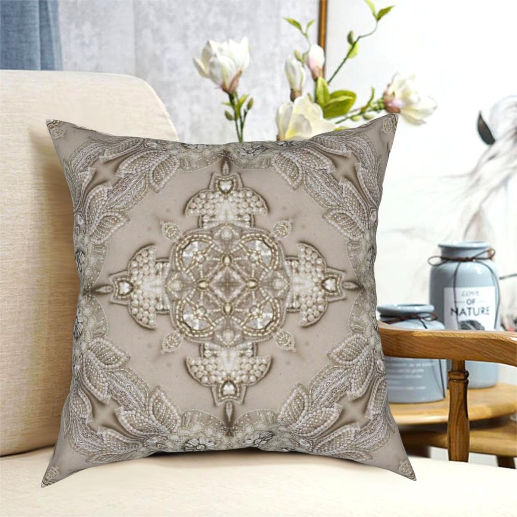 Vintage Strass Perle Glamourös Beige Spitze Kissenbezug Muster Reißverschluss Dekorative Kissenhülle für Sofakissenbezug