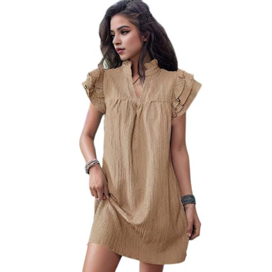 Lady Dress Shirring Stand Collar Ruffle Short Sleeves V Neck Loose Solid Color Pleated Straight Soft