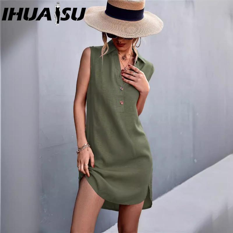 IHUASU Damenmode Sommer Frühling Einfarbig Druck POLO Hals Hohe Taille Freizeitkleider