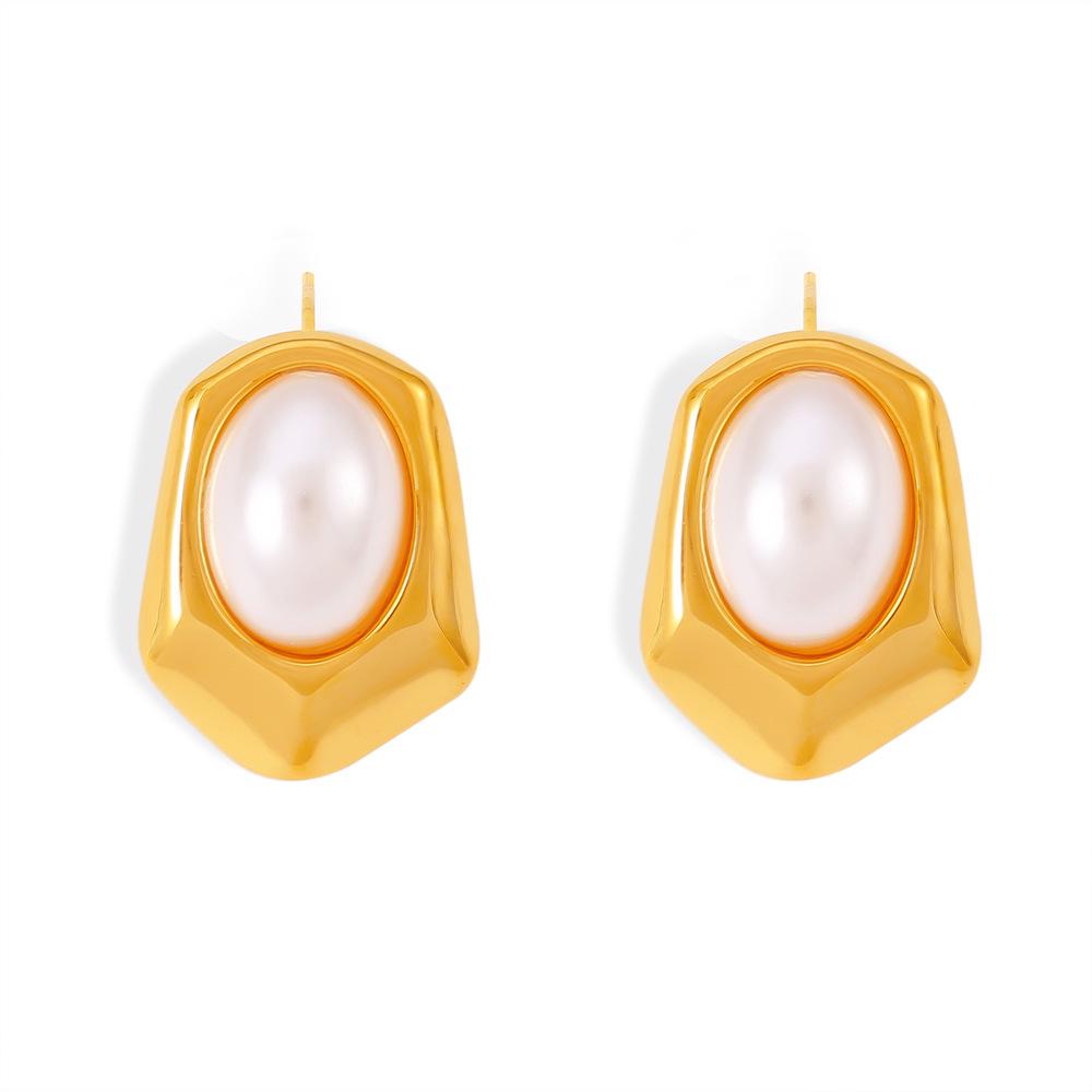 European Geometric Hexagon Stud Earrings with Imitation Pearl in 18K Gold Plated Titanium Steel