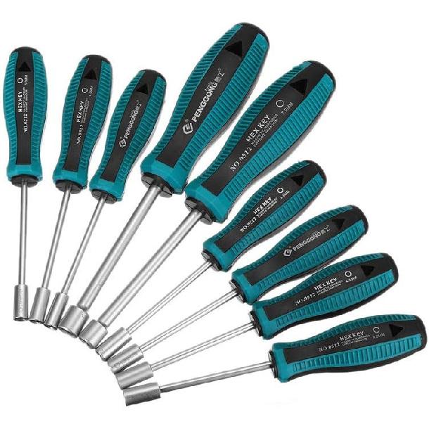 Meichoon 10pcs Socket Wrench Screw Driver Non-Magnetic Tip Metal Hex Nut Key Wrench Screwdriver Nutdriver Hand Tool 3-10mm,DF07