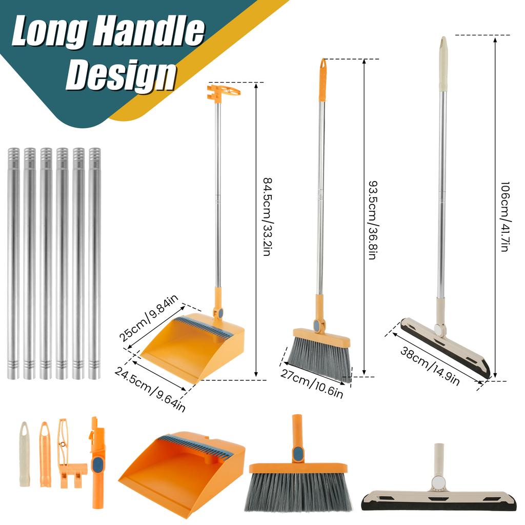 3Pcs Household Broom And Dustpan Set 180° Rotating Floor Sweeping Set with Long Handle Foldable Stand Dustpan and Broom Combo