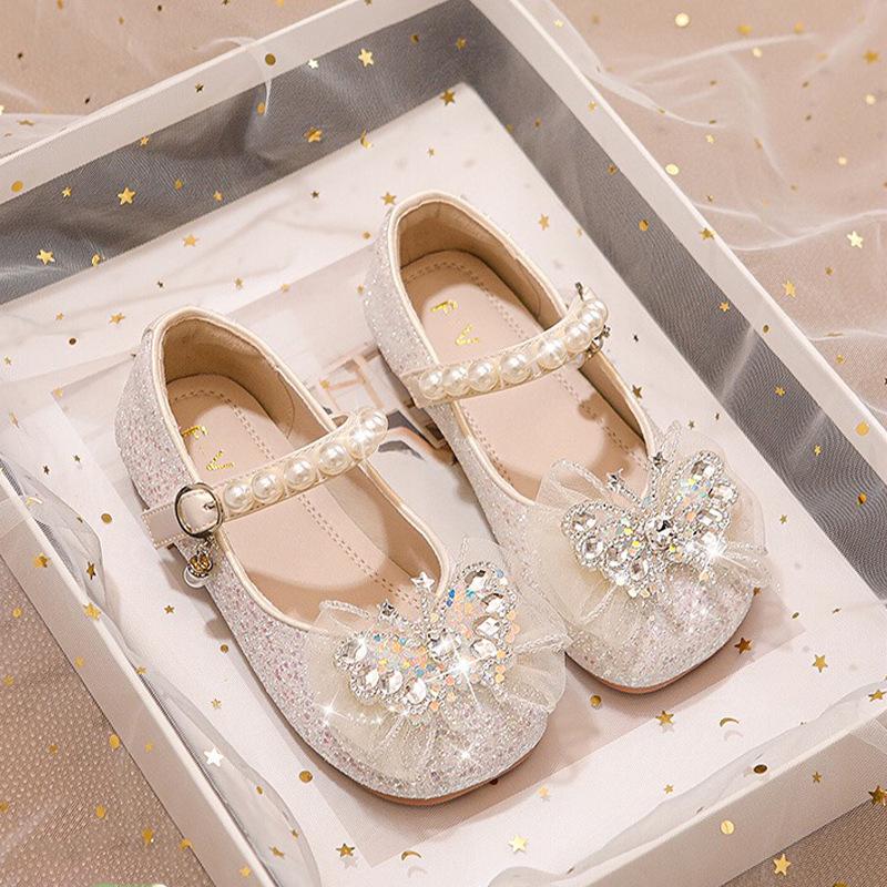 2026 Spring/Autumn Girls' Princess Leather Shoes - Shiny Crystal Rhinestone Baby Flats