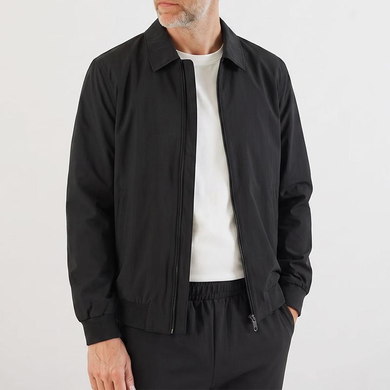 Men s Khaki Lapel Collar Zip Up Rib Cuff Casual Business Jacket M чёрный