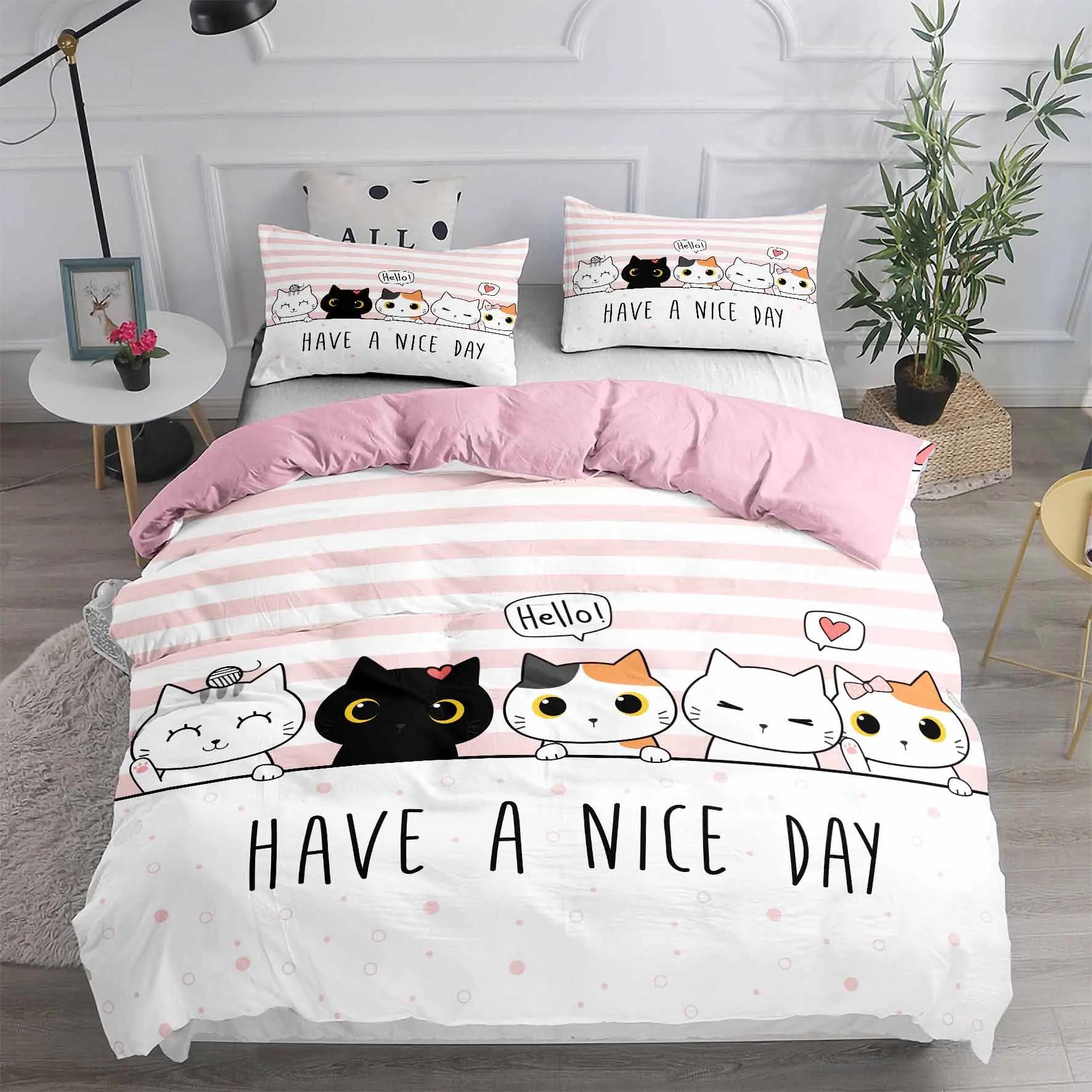 

Carton Cat Beding Set Adult Peoples Winter Soft Duvet Cover Sets Children Kids,twin Ful Quen King Bedrom Set Home Textile House De Couete 135*200cm Eu-Single
