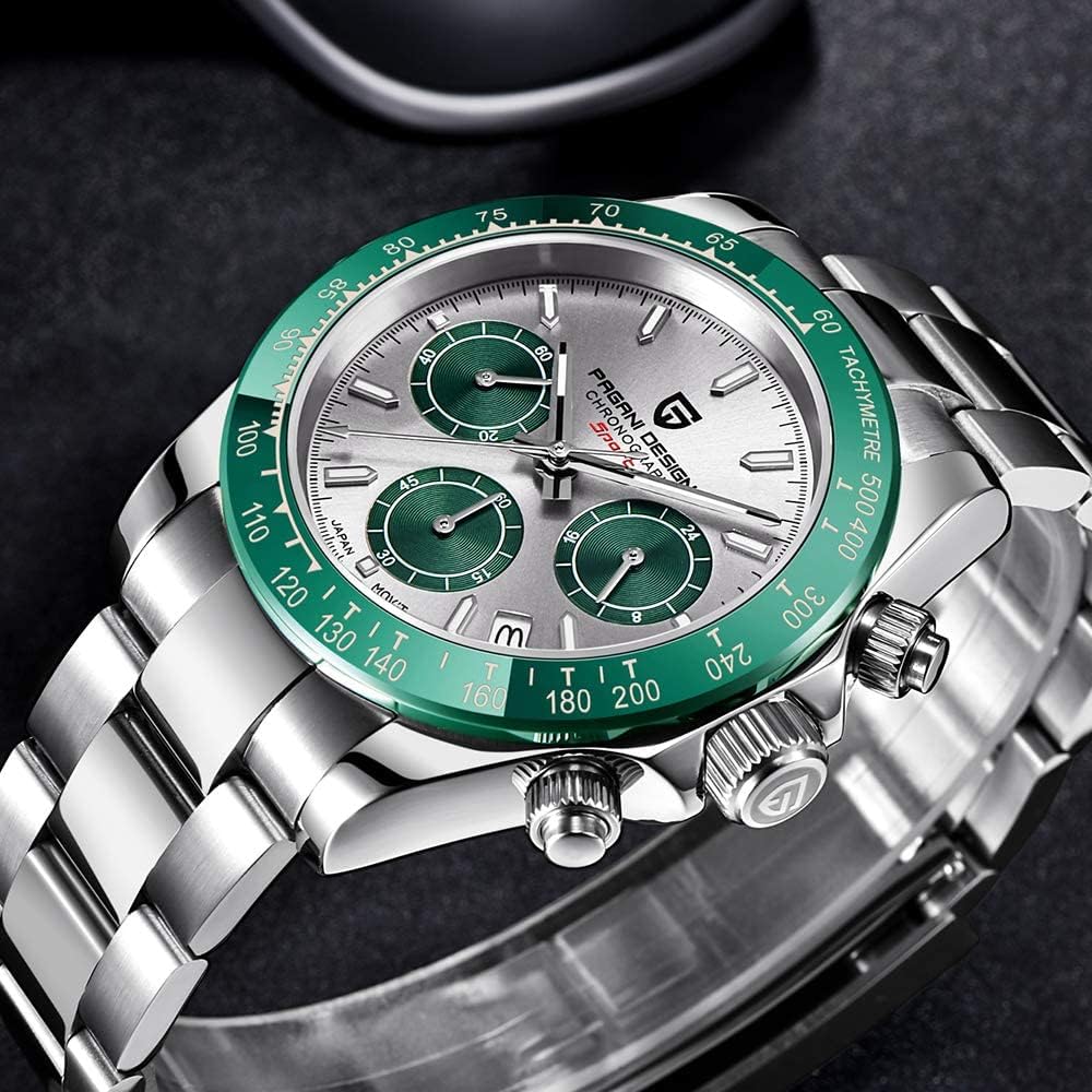 Pagani Design Men's Watch Seiko Quartz Movement Chronograph Waterproof Ceramic Bezel Stainless Steel Strap Green