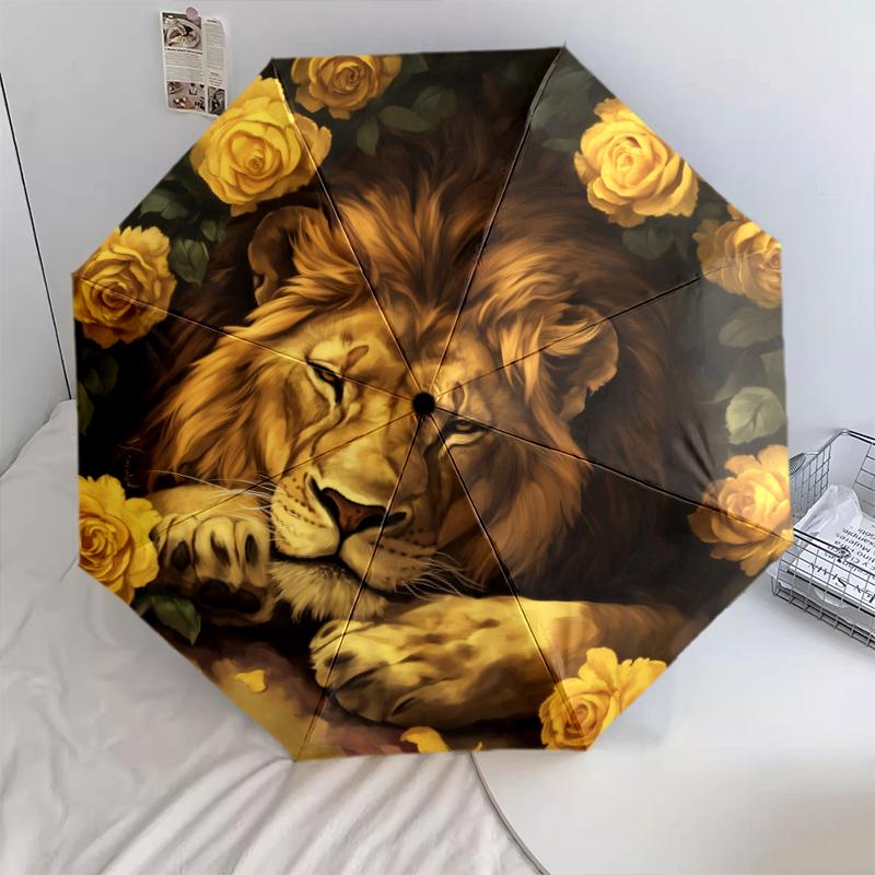 Lion and Rose pattern, automatic folding umbrella, portable and foldable design, 8 ribs, a Christmas or birthday gift.