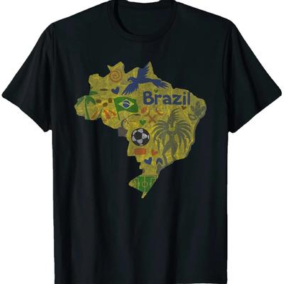 Brazil Map Football Imitation Old Retro Design Summer Cotton Oneck Short Sleeve Tshirt
