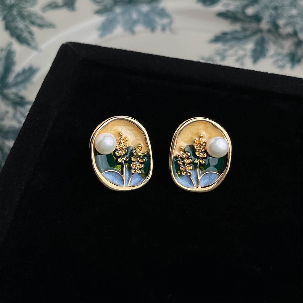 Französischer Ölmalerei-Stil Emaille Tropfenohrringe: Künstlerische Ohrstecker im Hofstil mit einem literarischen Retro-Flair.