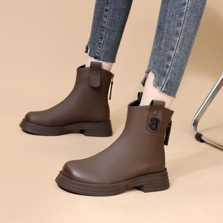 Female Short Shoes Platform Women's Ankle Boots Chelsea Brown Booties Round Toe Leather Chunky Boots