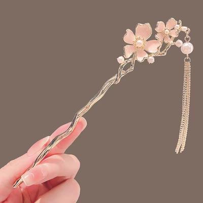 Retro Chinesischer Stil Rosa Blume Perle Quaste Haarspange für Frauen Haarstab Nadeln Handgefertigte Haarnadeln Charme Schmuck Haarschmuck