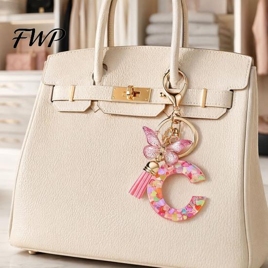 Initial Letter Charm Keychain Pink Series Pendant, Sequins Heart Key Chain with Holder Pendant Butterfly Tassel Design, A-Z for Bag Purse Backpack