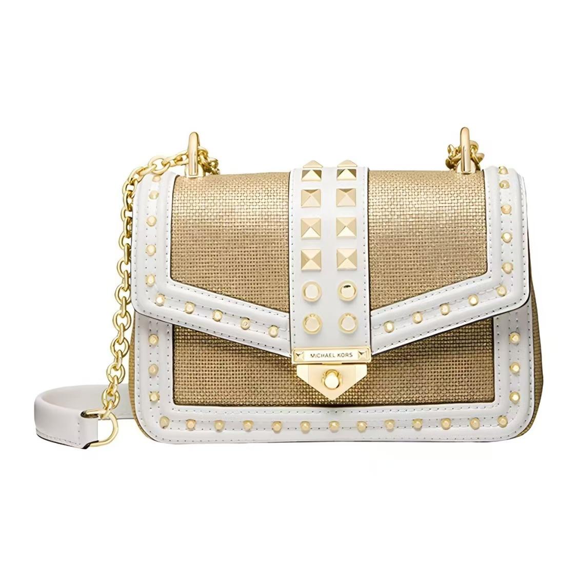 

Michael Kors MK Soho Vintage Studded Flap Color Block Chain Commuter Canvas Leather Crossbody Bag Women Bags Brown White 30T1G1SL5K-OPTPLGOLD Basic Set (Bag+Dust Bag)