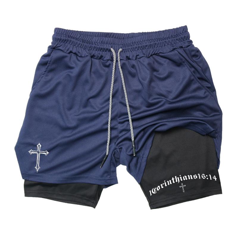 MDHAO xin nan zhuang  3D txu Kruisprint 2-in-1 Trainings- en Hardloopshorts voor Mannen Christelijk Atletisch Ademende Prestatieshorts met Telefoonvakje Handdoeklus L