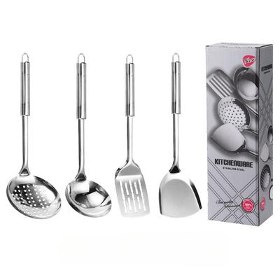 Juego de Cuatro Piezas de Utensilios de Cocina de Acero Inoxidable, Espátula Engrosada, Cuchara para Sopa, Utensilios de Cocina para Exteriores