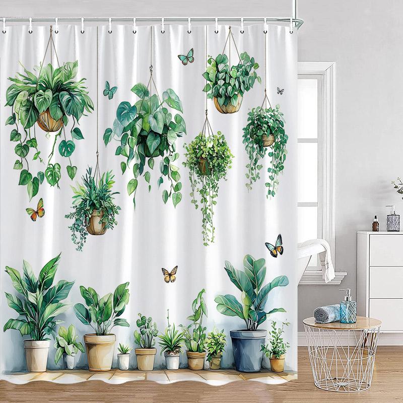 Plant Shower Curtain Cats Green Potted Plants Leaves Cat on the Toilet Modern Bathroom Decor Polyester Fabric Bathtub Curtain