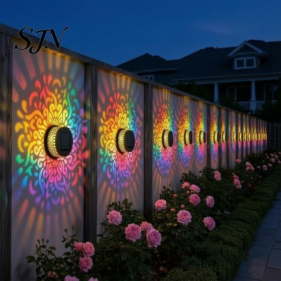 Ambient Solar Wall Sconce Light, 7 Color Changing Metal Fence Lamp with Backyard Lighting Projection, Outdoor Waterproof Garden Light for Yard