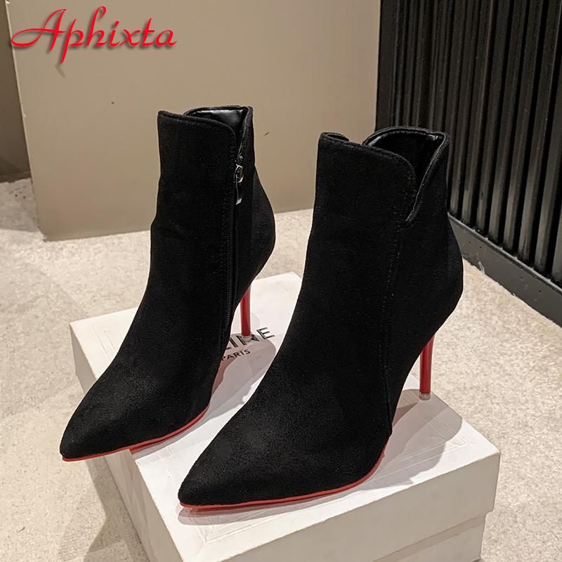 Aphixta 10cm Stilettos Winter Red Heels Zip Warm Black Ankle Boots Women Flock Footwear Shoes Women Super Big Size 47 48 49 50