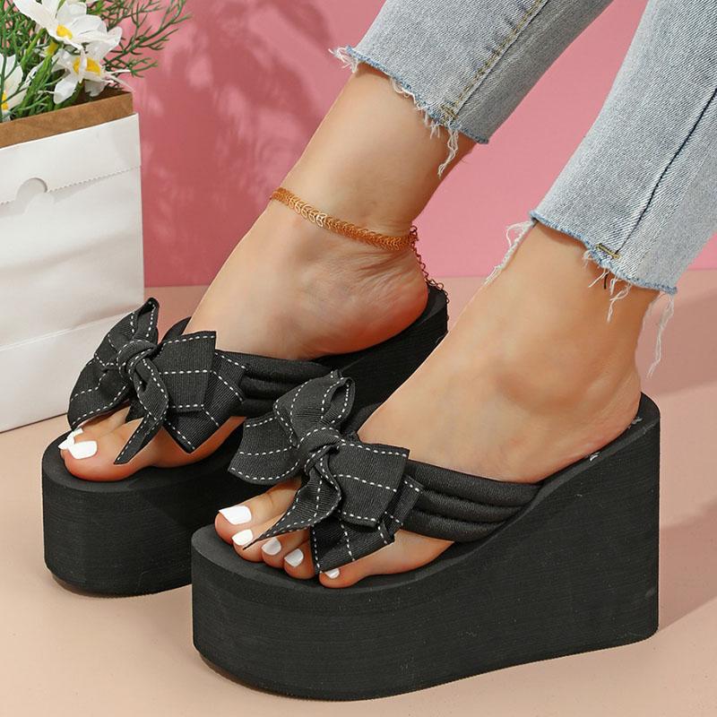Fashion Bowknot Decor Platform Flip Flops for Women Fashion Thick Bottom Wedges Sandals Woman Summer 2025 Super High Heel Beach Slippers