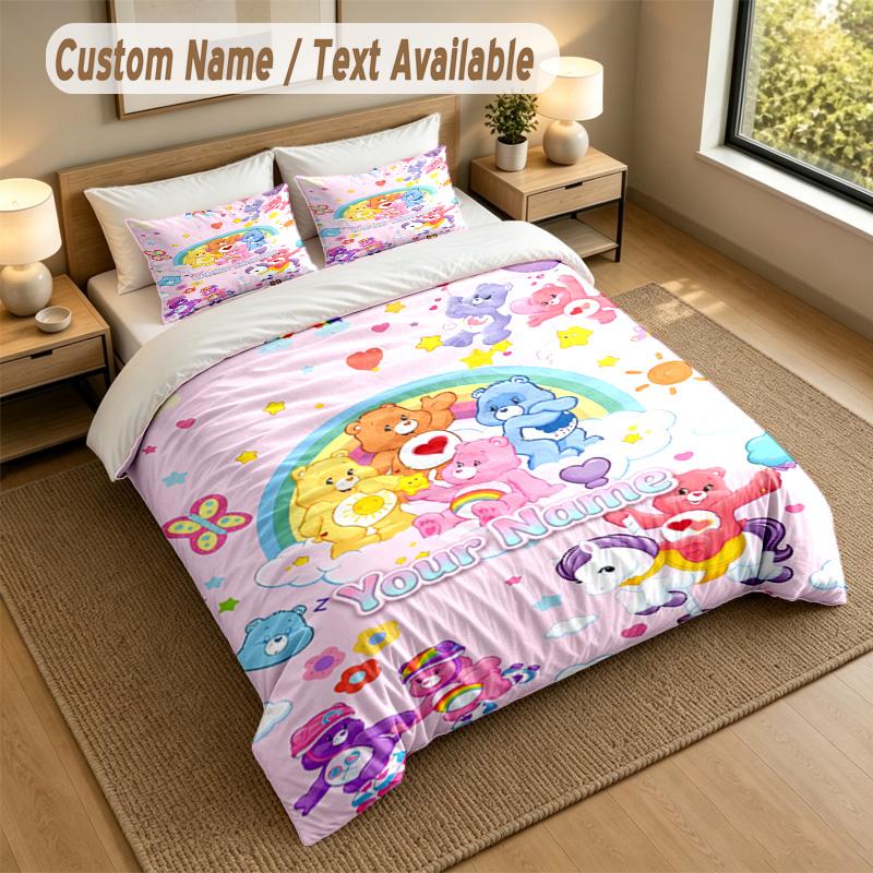 Custom Name Text Bedding 3Pcs Set,Care Bears 1 Duvet Cover 2 Pillowcases Soft Bed Linen For Gift