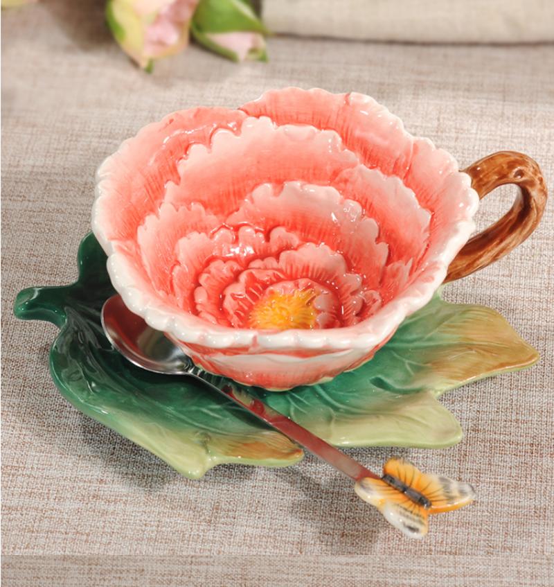 European Luxury Flower Ceramic Afternoon Tea Coffee Cup And Saucer Set Elegant French Black Tea Cup Dessert Saucer Coffee Spoon|Mugs