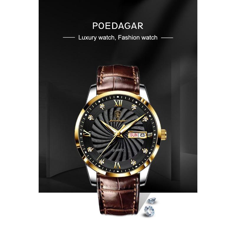 POEDAGAR High Quality Men's Watch Fashion Luxury Casual Belt Leather Strap Date Week Luminous Waterproof Quartz Men Watches+Box