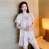 New Bubble Sleeve Women's Cute Pajamas Set Loungewear, Summer Breathable Lace Edge Ice Silk Shorts Pajamas