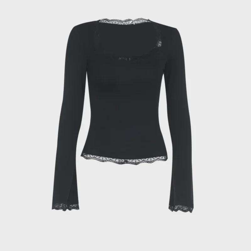 2025 Spring/Summer European & American Style Women's Sexy Slim Lace Long Sleeve Top