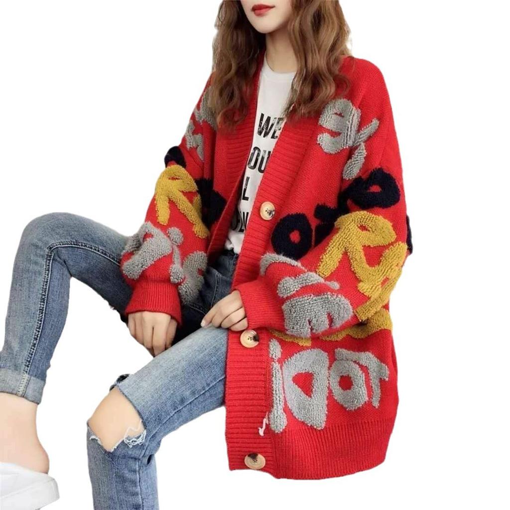 Autumn and Winter Explosion Personalized Letter Jacket Contrasting Colors Large Version Sweater Cardigan V-neck Fashion Lazy Style