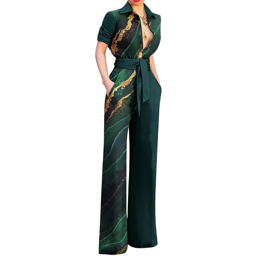 2022 Autumn/Winter Women's Printed Long-Sleeve Lapel Loose Casual Jumpsuit