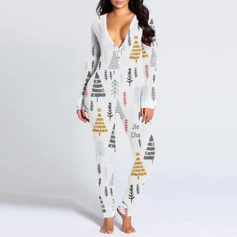 2023 Europäischer & Amerikanischer Weihnachten Langarm Knopfleiste Bedruckter Erwachsenen Jumpsuit